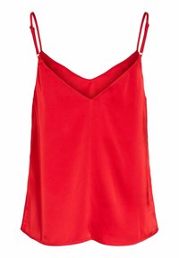 Haut caraco rouge sans manches avec bretelles fines réglables et encolure en V, en tissu lisse.