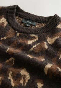 Brązowy i beżowy sweter w wzory z okrągłym dekoltem. Miękka, teksturowana tkanina z widocznymi włóknami. Metka marki "NEXT" wewnątrz kołnierza.