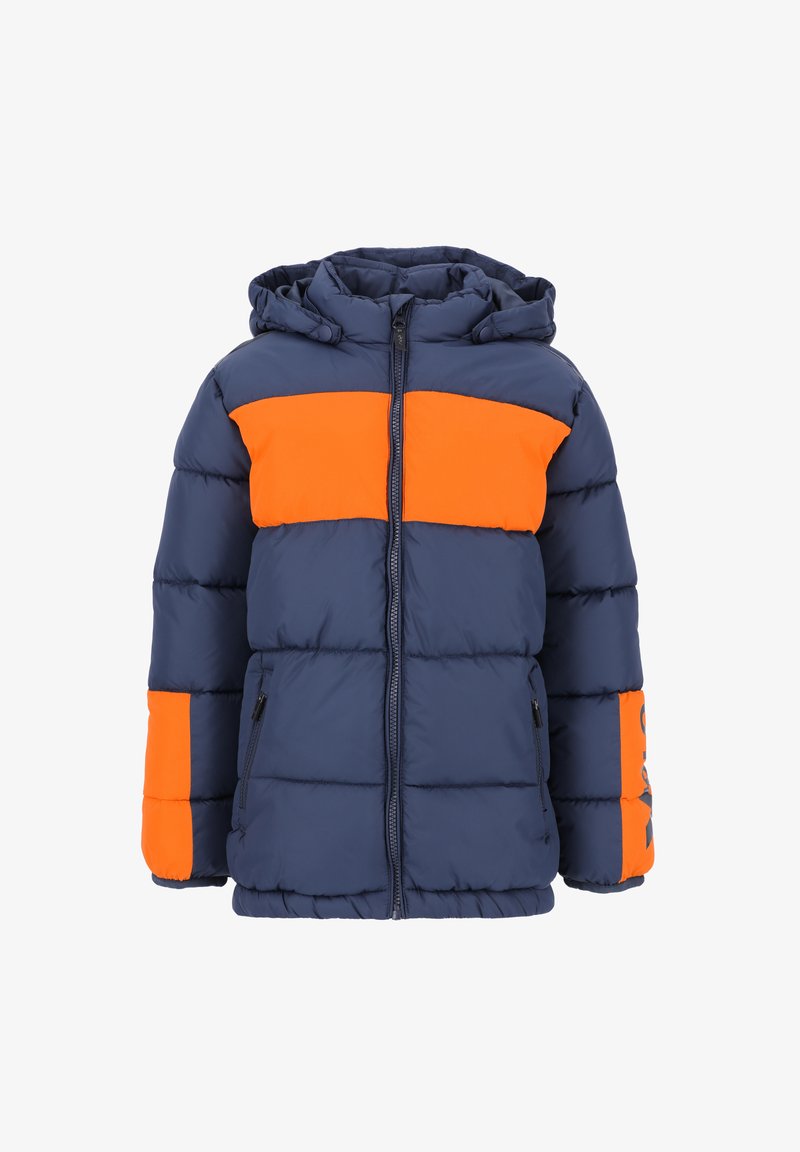 Marineblå polstret jakke med en orange vandret stribe hen over brystet og ærmerne, med en lynlås foran og sidelommer.