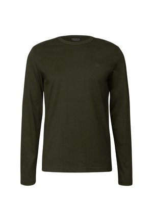 Langarm-T-Shirt in dunkelolivgrün, aus Baumwolle. Mit Rundhals und kleinem Logo auf der Brust. Glatte Textur.