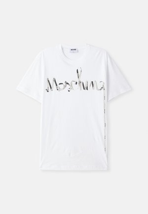 White cotton t-shirt featuring a graphic logo in black and silver resembling a ribbon. Short sleeves and a crew neck design.