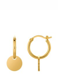 Gullige hoops øredobber med en sirkulær anheng. Leten tekstur med en polert overflate. Enkelt design med en sikker låsemekanisme.