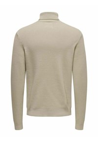 Beige gerippter Pullover mit einem Stehkragen, langen Ärmeln und einem taillierten Saum. Glatte Textur und schlichtes Design ohne zusätzliche Muster oder Akzente.