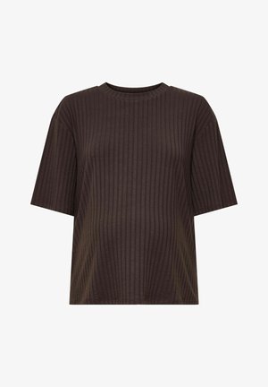 Bruine T-shirt met korte mouwen, een geribbelde textuur, ronde halslijn en een relaxed fit. De stof lijkt zacht en lichtgewicht te zijn.