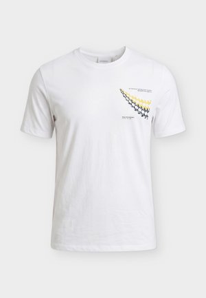 White short-sleeve crew neck t-shirt with small yellow and black graphic and text on the upper left chest.