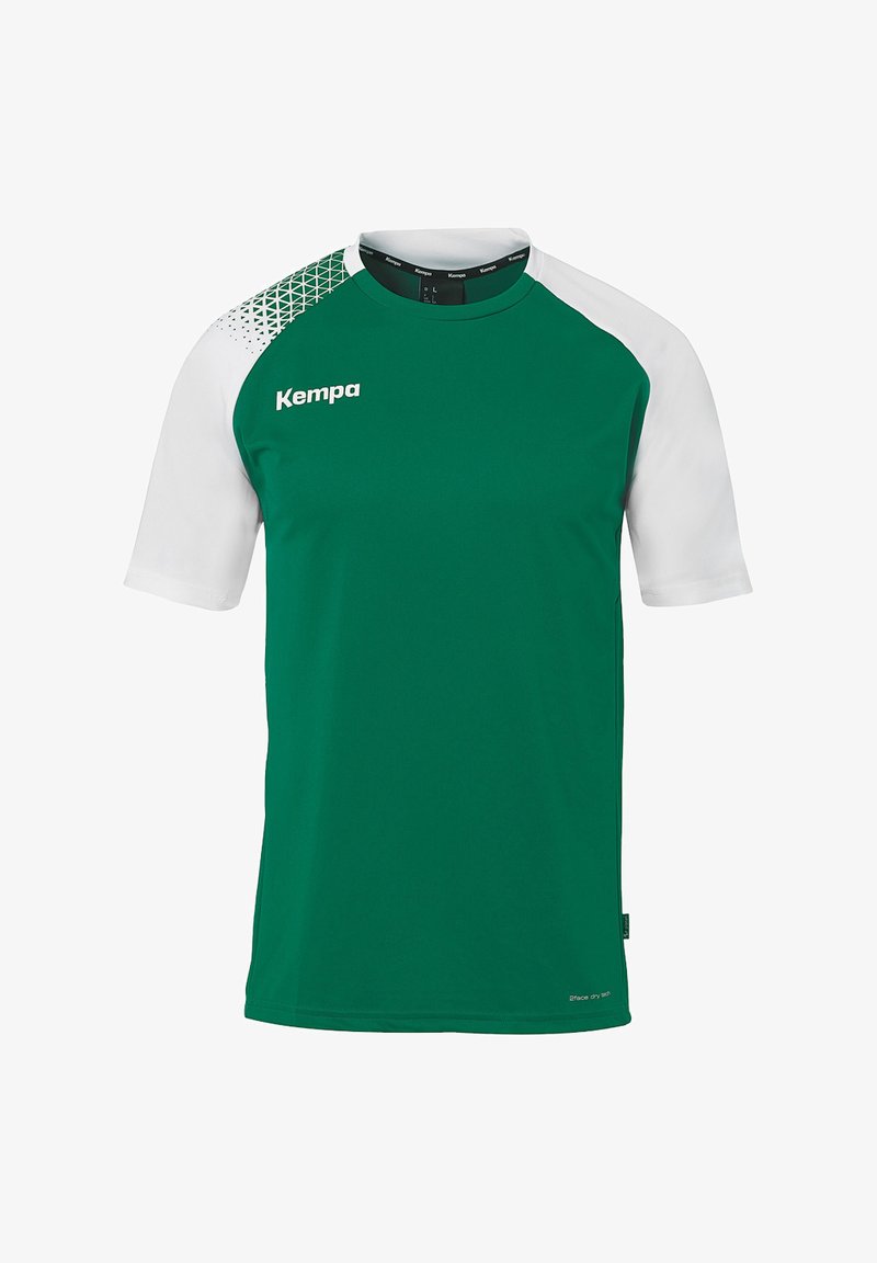 Groen sportshirt met korte mouwen en witte mouwen, met een geometrisch patroon op de linkerschouder en een Kempa-logo. Lichtgewicht materiaal.