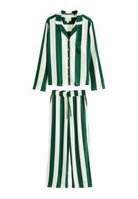 Ensemble de pyjama rayé vert et crème comprenant une chemise à boutons à manches longues avec une poche et un pantalon à taille élastique. Tissu léger et lisse.