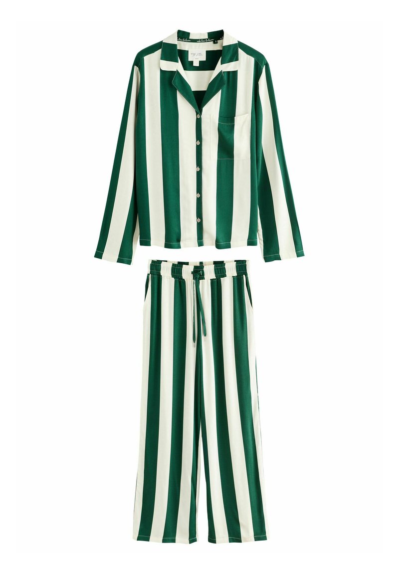 Grøn- og cremede stribede pyjamas sæt med en knap-op langærmet top med lomme og bukser med elastisk talje. Glat, letvægtigt materiale.