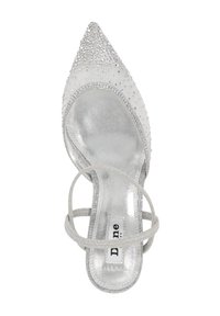 Clear heeled sandals with pointed toes, transparent white material, and silver rhinestone embellishments. Features crisscross straps.