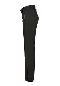 Pantalon noir ajusté avec une poche latérale zippée, des passants de ceinture et une légère évasement à la cheville, vu de profil.