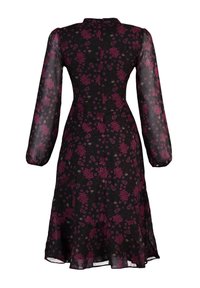 Robe midi noire avec longues manches transparentes, col haut et motif floral rose, vue de dos avec un léger évasement à l'ourlet.