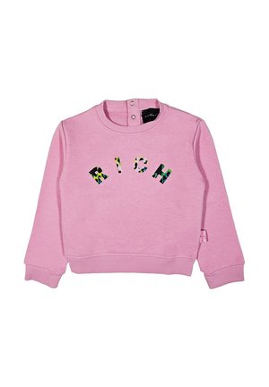 Felpa rosa con polsini e orlo a coste, caratterizzata dalla parola "RICH" in motivi multicolori. Chiusura posteriore a pressione per una facile vestibilità.