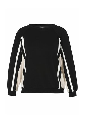 Zwarte lange mouw sweatshirt met witte verticale strepen op de mouwen en zijkanten, ronde hals en geribbelde manchetten en zoom.