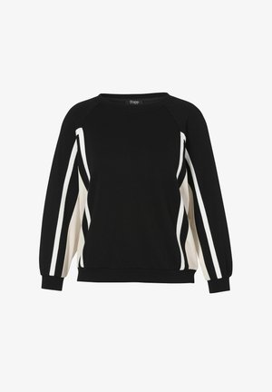 Zwarte lange mouw sweatshirt met witte verticale strepen op de mouwen en zijkanten, ronde hals en geribbelde manchetten en zoom.