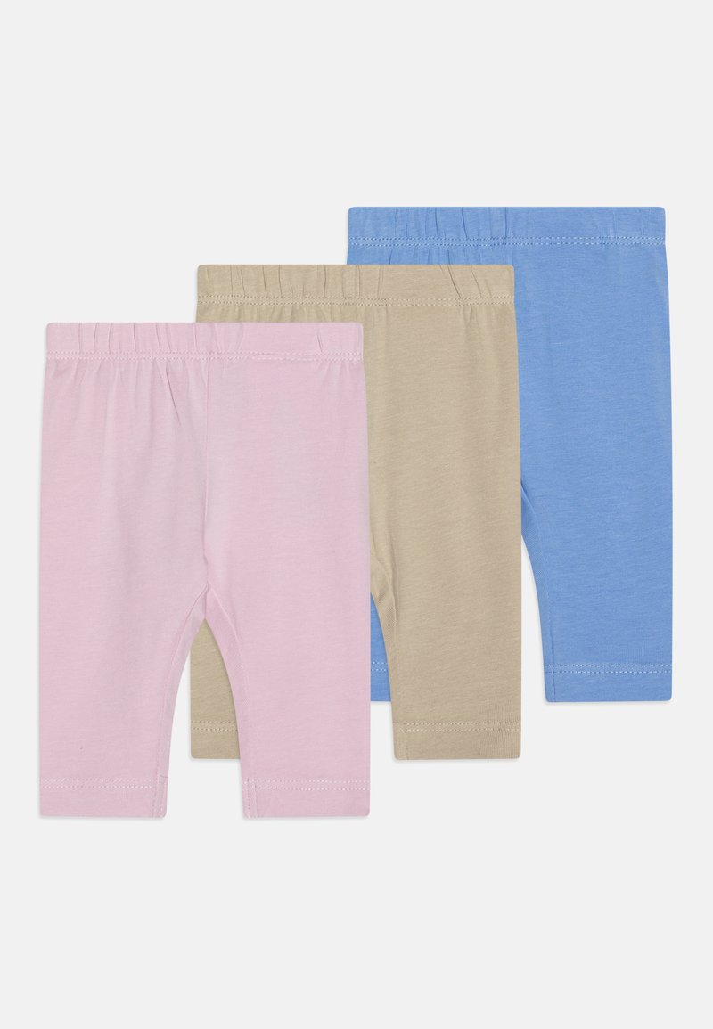 Trois paires de leggings pour bébé dans des couleurs pastel : rose, beige et bleu. Chaque paire est dotée d'une taille élastique et d'une texture en coton douce.
