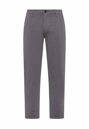 Pantaloni di cotone grigi con taglio dritto, dotati di chiusura anteriore con bottone, passanti per cintura e tasche laterali. Tessuto liscio, senza motivi visibili.