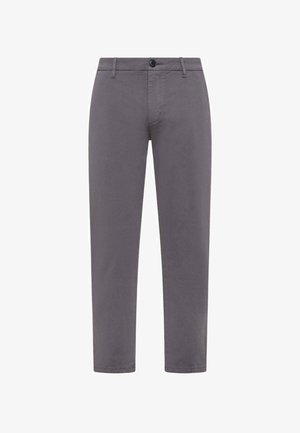 Pantaloni di cotone grigi con taglio dritto, dotati di chiusura anteriore con bottone, passanti per cintura e tasche laterali. Tessuto liscio, senza motivi visibili.