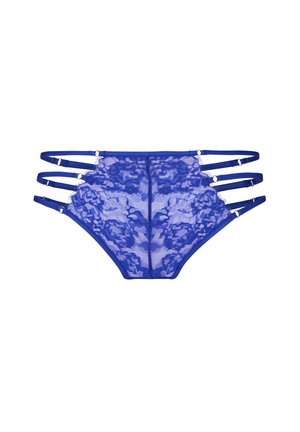 Blauwe kanten lingerie slipjes met bloemmotief en drie dunne verstelbare zijbandjes aan elke kant, op witte achtergrond.