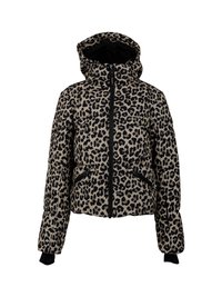 Giacca puffer con stampa leopardata, cappuccio, zip nera e tasche laterali con zip, dotata di polsini allungati.