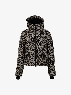 Leopardmuster-Pufferjacke mit Kapuze, schwarzem Reißverschluss und seitlichen Reißverschlusstaschen, mit verlängerten Handgelenksmanschetten.