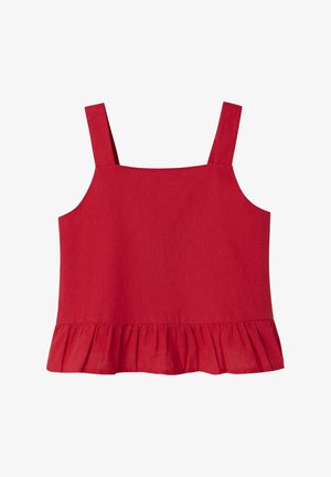 Débardeur en lino rouge avec de larges bretelles et un ourlet à volants évasé. Le tissu a une texture lisse et une couleur unie sans motifs ni ornements.