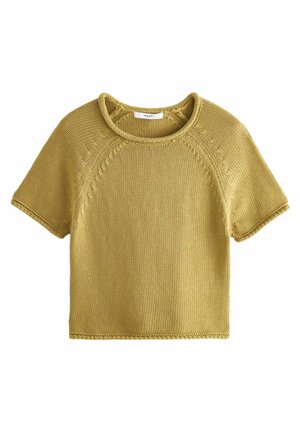 Pull tricoté jaune moutarde à manches courtes, col rond et détails de points texturés aux épaules et aux manches.