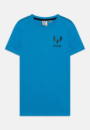 Felblauw T-shirt met korte mouwen, zwart Messi-logo en gestileerde M op de linkerborst, ronde hals en stikseldetails op de schouders.