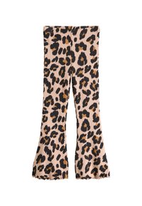 Leopardmönstrade utsvängda leggings i ribbad tyg med svarta och bruna fläckar på ljusrosa bakgrund, med en vågad fåll.