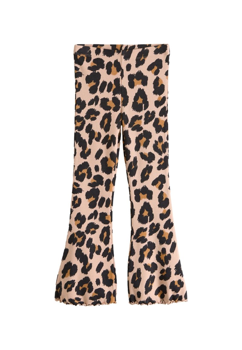 Leopardmönstrade utsvängda leggings i ribbad tyg med svarta och bruna fläckar på ljusrosa bakgrund, med en vågad fåll.