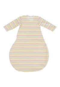 Striped sleeping bag with long sleeves, featuring yellow, green, and orange stripes on a white background. Rounded bottom shape for comfort.