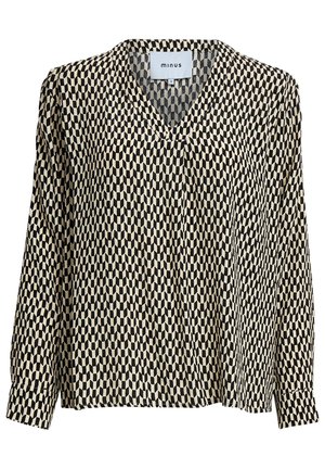 Long-sleeve blouse in a beige and black geometric pattern. Features a V-neckline and cuffed sleeves. Lightweight, soft fabric with a relaxed fit.