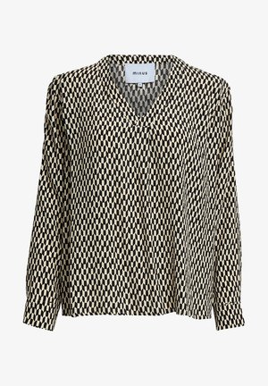 Long-sleeve blouse in a beige and black geometric pattern. Features a V-neckline and cuffed sleeves. Lightweight, soft fabric with a relaxed fit.