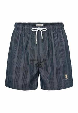 Herrenschwimmshorts in Marineblau mit Streifenmuster, elastischem Bund, weißem Kordelzug und gesticktem Logo. Leichter Stoff mit glatter Textur.