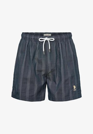 Meeste ujumispüksid navy toonis, millel on triibuline muster, elastne vöökoht, valge nöör ja broderitud logo. Kerged kangad, millel on sile tekstuur.