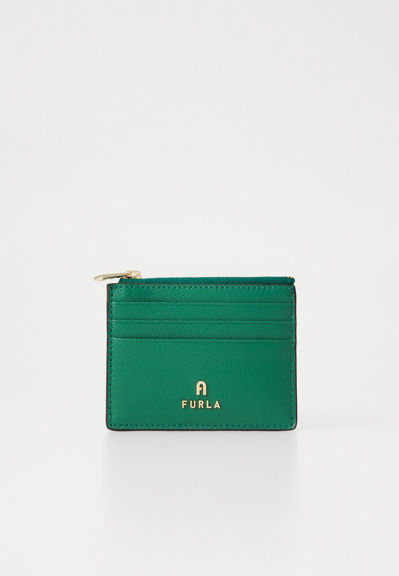 Green leather cardholder with zip closure, featuring multiple card slots and gold logo accent. Smooth texture and rectangular shape.