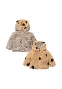 Faux-Fur-Jacken in Beige mit schwarzen Pünktchen. Eine hat ein gepunktetes Äußeres und ein kontrastierendes einfarbiges Innenfutter; beide sind mit Kapuze und Reißverschluss ausgestattet.