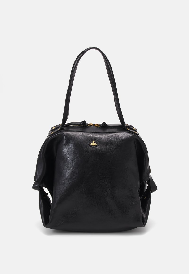 Black leather handbag with a soft texture, dual handles, gold hardware accents, top zip closure, and a rounded silhouette.