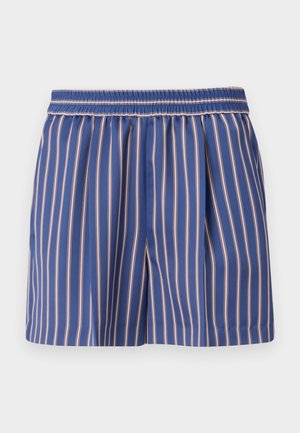 Blå og pink stribede shorts med en strækbar talje, letvægtsstof og læg for ekstra volumen. Klassisk lige snit.