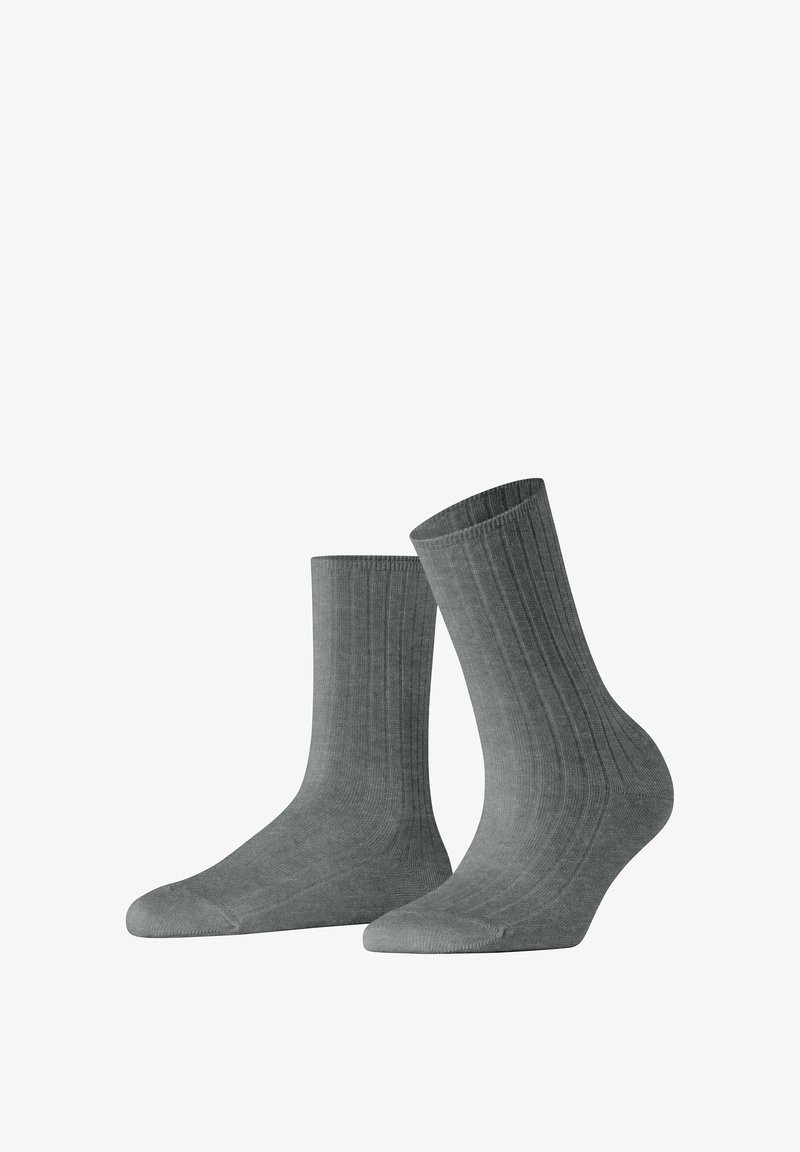 Szare skarpetki ryflickie o miękkiej teksturze, sięgające do połowy łydki, z wzmocnioną piętą i palcami dla większej trwałości.