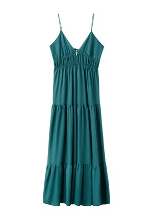 Vestido maxi sin mangas de color verde azulado con tirantes finos, escote en V, cintura fruncida y falda de volantes hecha de tela ligera.
