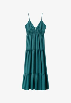 Vestido maxi sin mangas de color verde azulado con tirantes finos, escote en V, cintura fruncida y falda de volantes hecha de tela ligera.