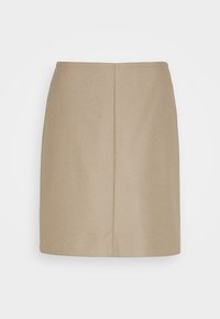 Beige rok gemaakt van textuurstof, met een rechte snit, midden achternaad en zonder zichtbare hardware of accenten.