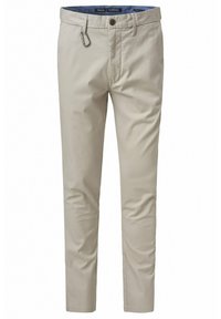 Khaki kalhoty vyrobené z bavlny, mají úzký střih, hladkou texturu, zapínání na knoflík vpředu a detail karabiny na pásku.