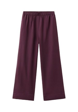 Nohavice s širokými nohavicami v tmavofialovej farbe s elastickým pásom, vyrobené z ľahkej látky, zobrazené na bielom pozadí.