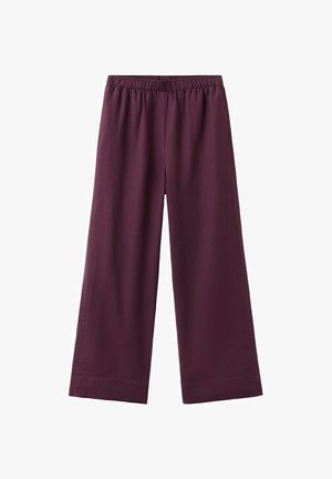 Pantaloni cu talie largă în culoare violet închis, cu o bandă elastică în talie, realizați dintr-un material ușor, prezentați desfășurați pe un fundal alb.