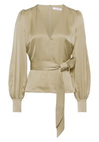 Satinbluse in Olivgrün mit V-Ausschnitt, ausgestellten langen Ärmeln und einem gebundenen Gürtel in der Taille. Verfügt über einen verdeckten Reißverschluss am Rücken.