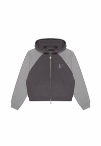 Kapturowa bluza rozpinana z ciemnoszarym korpusem i jasnoszarymi rękawami raglanowymi, z przednimi kieszeniami i małym logo na piersi.