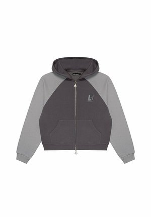 Kapturowa bluza rozpinana z ciemnoszarym korpusem i jasnoszarymi rękawami raglanowymi, z przednimi kieszeniami i małym logo na piersi.