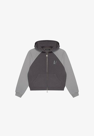 Kapturowa bluza rozpinana z ciemnoszarym korpusem i jasnoszarymi rękawami raglanowymi, z przednimi kieszeniami i małym logo na piersi.