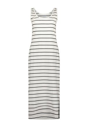 Robe maxi blanche sans manches avec fines rayures horizontales noires et fentes sur les côtés, fabriquée en tissu doux.
